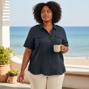 vintage Linen Button up top 2x Navy Beach Minimalist